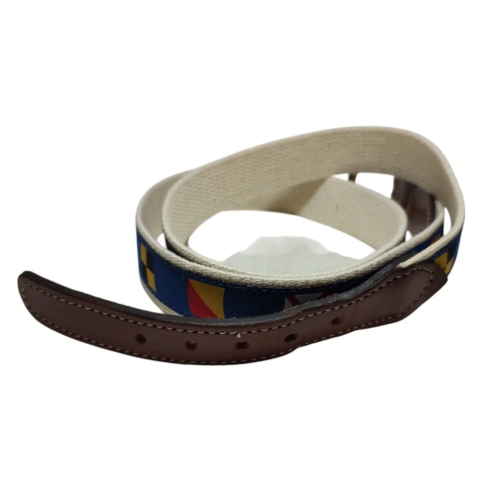 Leather Web Belt Mens Size 44 Sailing Flags Theme Gold Tone Buckle‎ Nautical